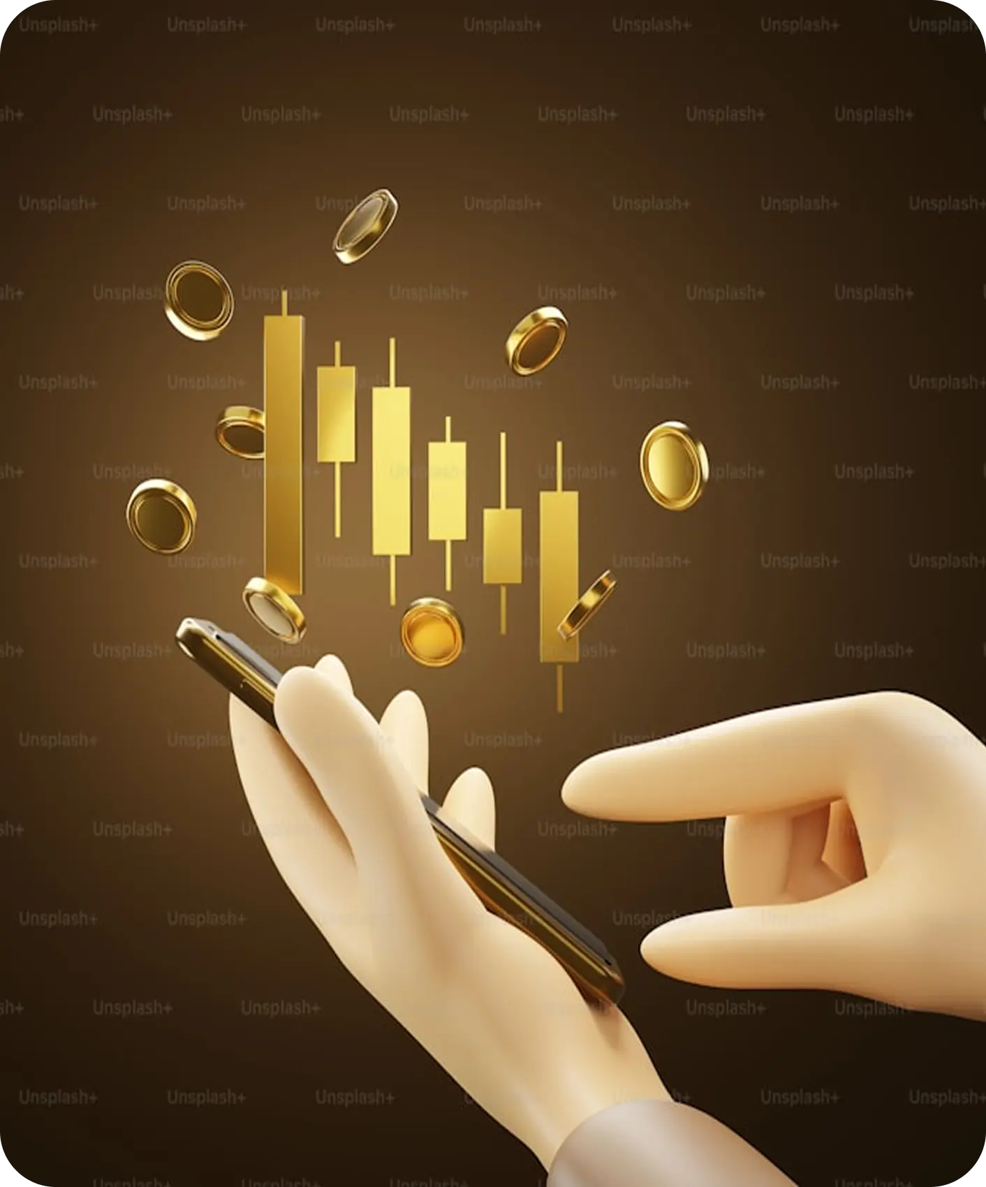 Hand holding phone with gold chart